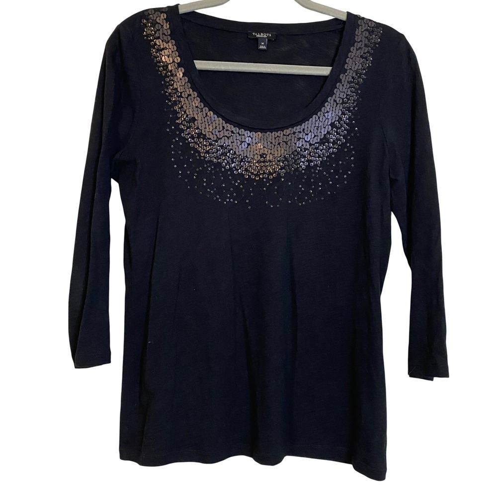 Talbots Womens Black Sequin Embellished Scoop Neck 3/4 Sleeve Cotton Top Medium